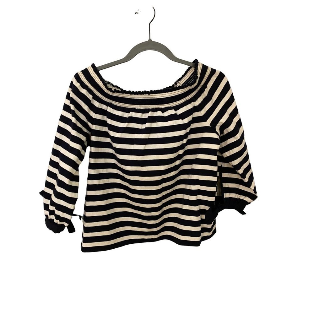 J.Crew Woman's Top Sz Medium Striped Navy Wide Neck Bow Sleeve Cotton